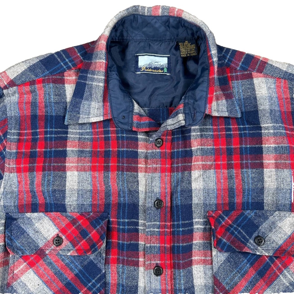 Fieldmaster Mens Medium Button‎ Up Shirt Plaid Long Sleeve Vintage Red Blue Gray